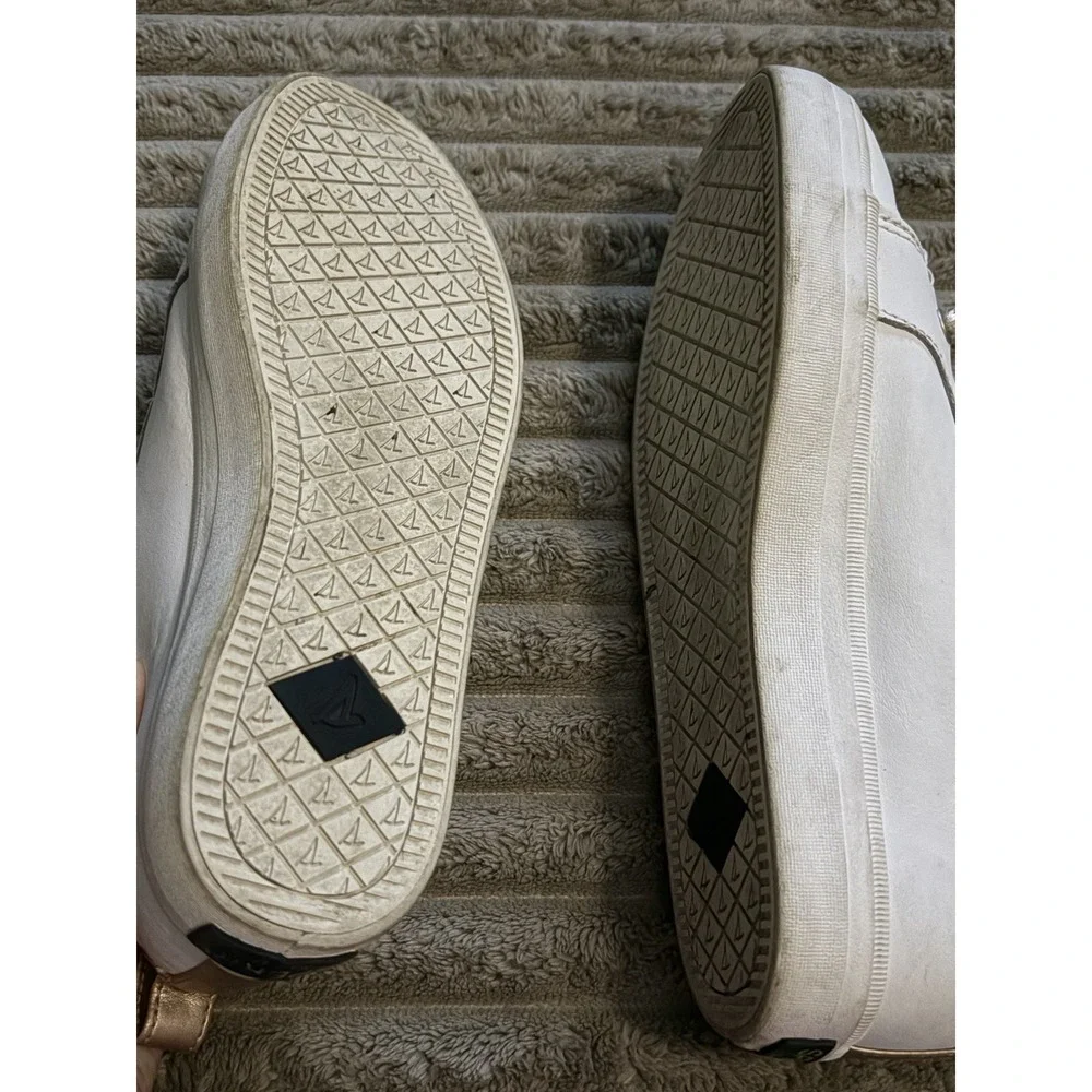 Sperry Top Sider Shoes 4 M White‎ Sneaker Gold Leather String Slip On Crest Vibe